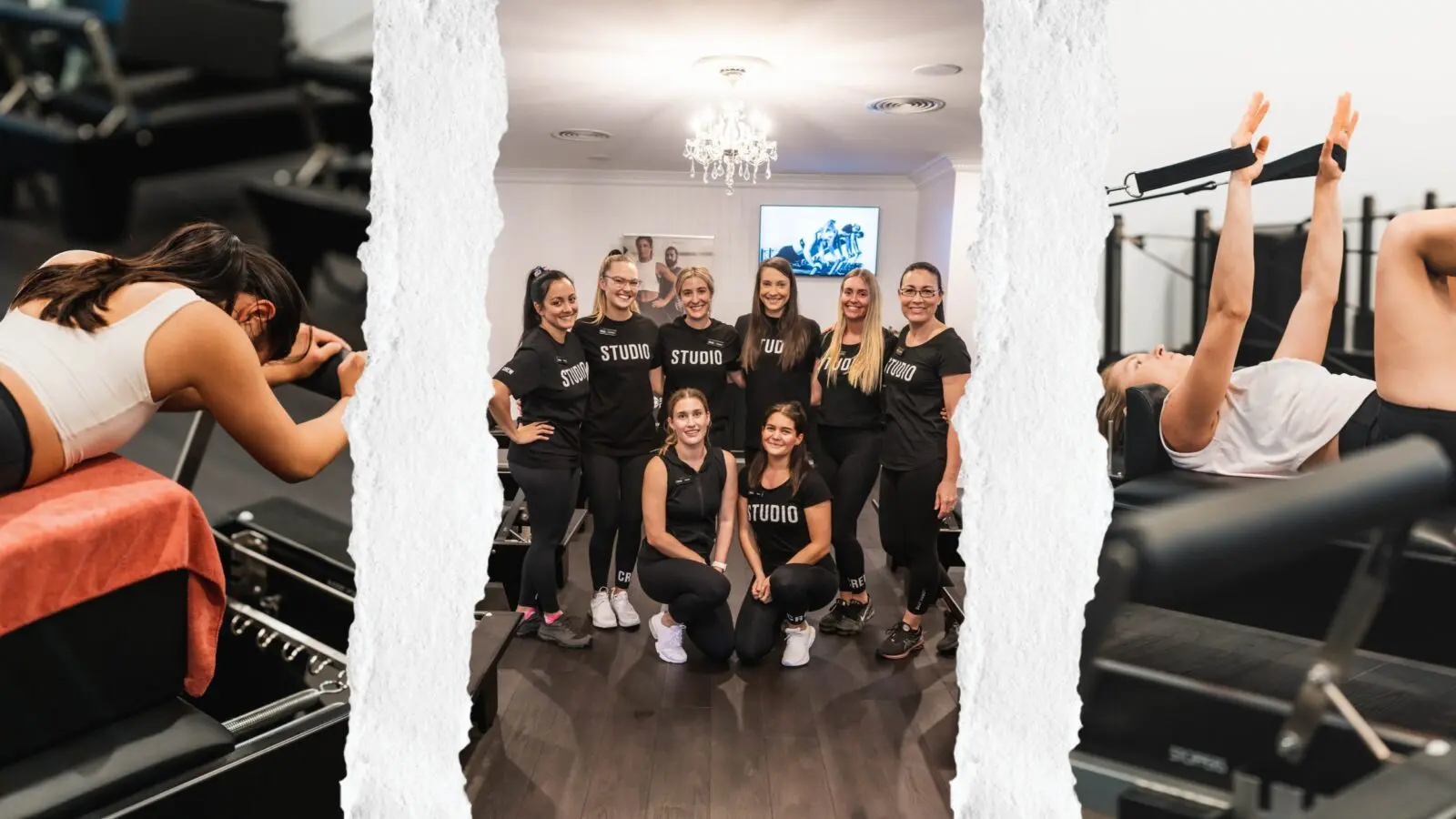 Group of women in black workout attire posing in studio flanked by images of Pilates reformer exercises.
