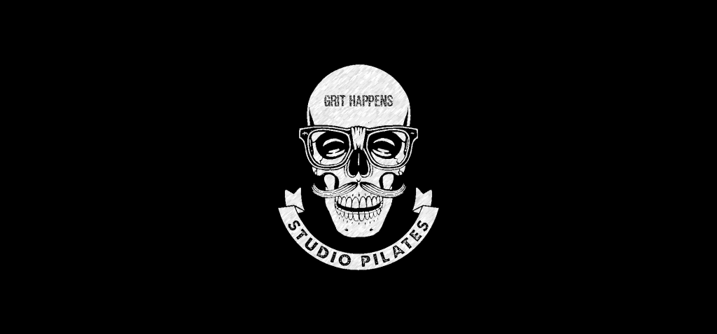 Black and white skull illustration with glasses, mustache, text grit happens, and studio pilates banner.