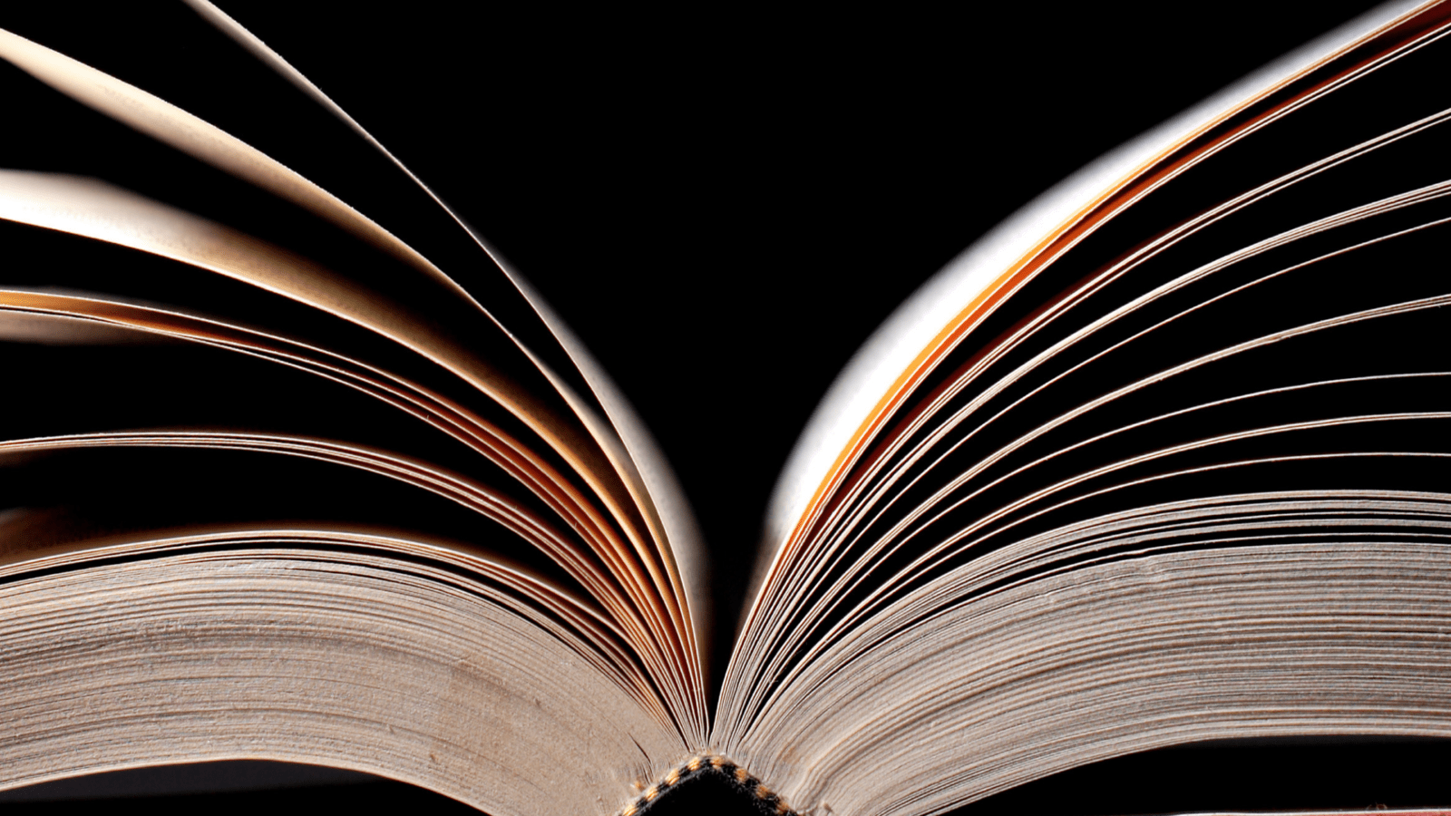 Open pages of a book with curved edges and visible spine against a black background.