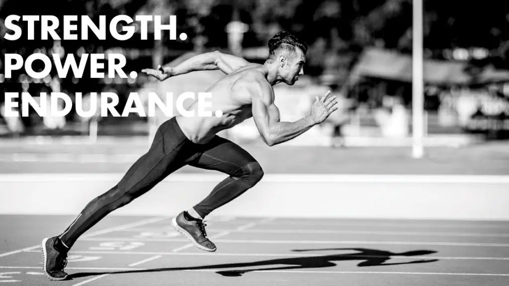 Shirtless male athlete sprinting on track with words strength power endurance in background.