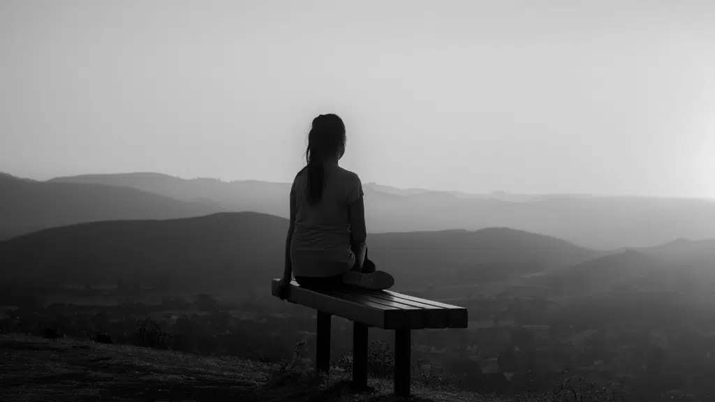Person sitting on a bench overlooking distant hazy hills in a black and white landscape.
