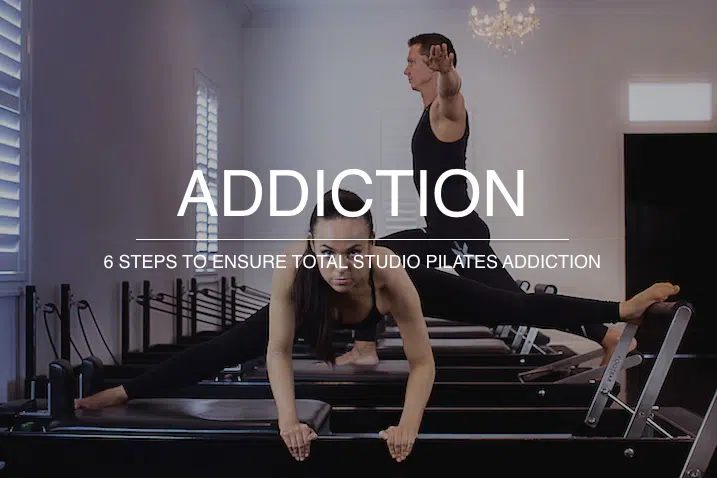 Two people performing Pilates on reformer machines with addiction-themed text overlay.